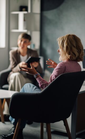 Woman,Sitting,Comfortably,In,An,Armchair,,Engaging,In,Conversation,With Woman,Sitting,Comfortably,In,An,Armchair,,Engaging,In,Conversation,With